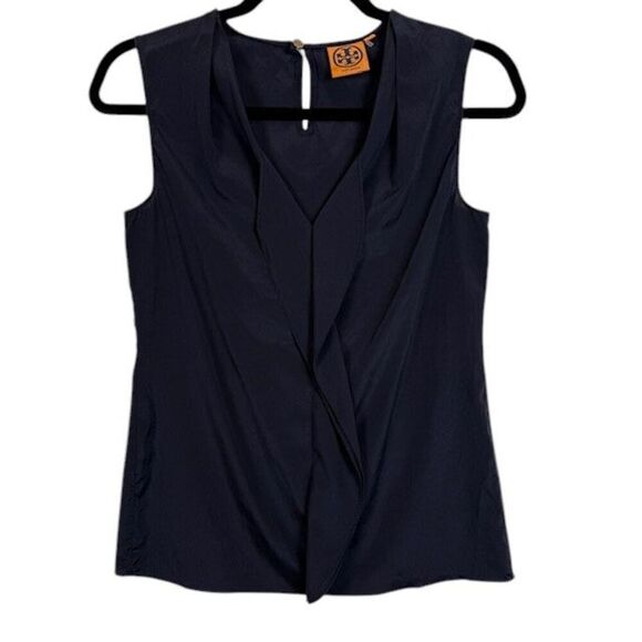 Tory Burch Silk Sleeveless Ruffle Front Blouse Navy Blue Keyhole Button Size 0 - Picture 1 of 8